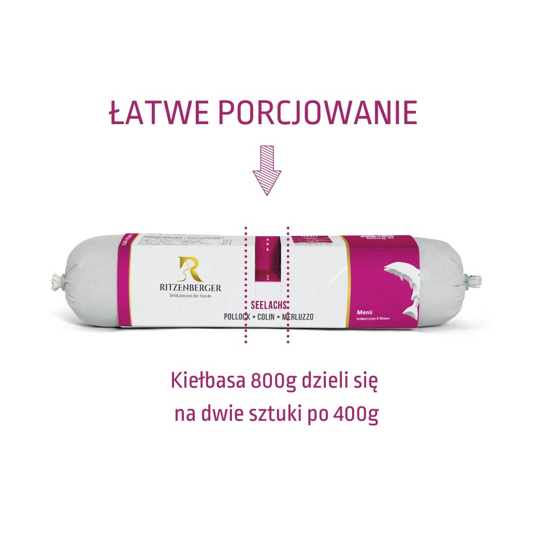 Na obrazie widoczna jest karma mokra dla psa w formie kiełbasy z logo Ritzenberger. Tekst na obrazie: \'ŁATWE PORCJOWANIE\', \'Kiełbasa 800g dzieli się na dwie sztuki po 400g\'.