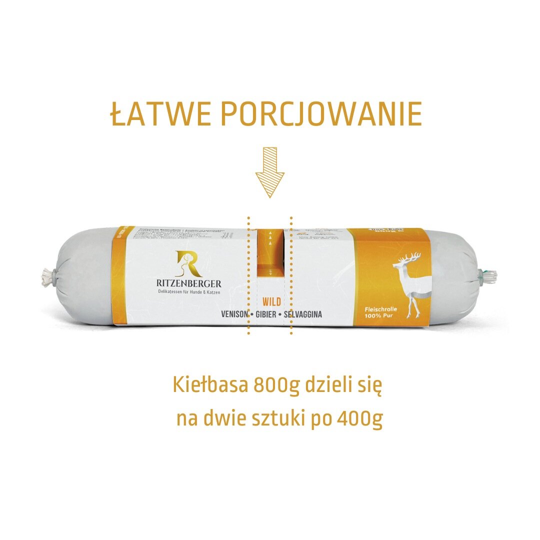 Na obrazie widoczna jest kiełbasa marki Ritzenberger z napisem \'ŁATWE PORCJOWANIE\' oraz informacją \'Kiełbasa 800g dzieli się na dwie sztuki po 400g\'.