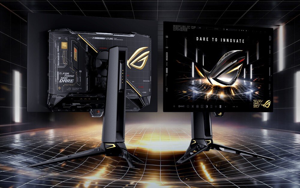 Monitor ASUS ROG Swift PG27AQWP-G Dwa monitory na tle z siatką. Jeden odwrócony tyłem pokazuje przezroczystą obudowę z grafikami. Drugi stoi przodem i wyświetla na ekranie logo w kształcie oka