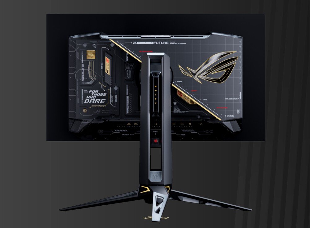 Monitor ASUS ROG Swift PG27AQWP-G Tył monitora na trójnożnej podstawie z widocznymi detalami konstrukcyjnymi oraz logotypem na obudowie