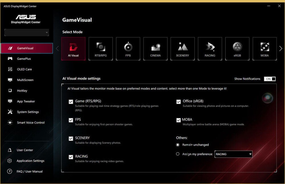 Monitor ASUS ROG Swift PG27AQWP-G Interfejs oprogramowania z zakładką 'GameVisual' i opcjami wyboru trybów wyświetlania obrazu dla gier