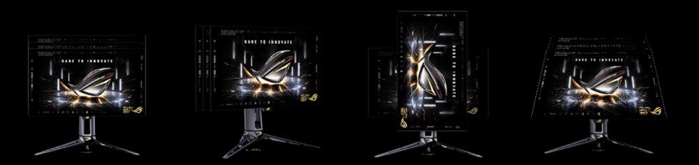 Monitor ASUS ROG Swift PG27AQWP-G Zestawienie czterech ujęć monitora prezentujące możliwości regulacji jego położenia w różnych płaszczyznach