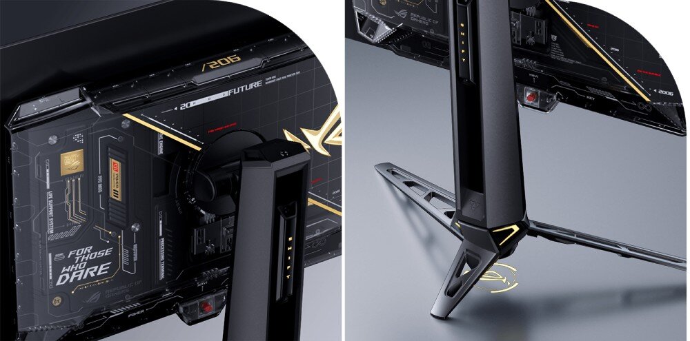 Monitor ASUS ROG Swift PG27AQWP-G Zbliżenie na detale monitora. Po lewej przezroczysty panel tylny ze wzorami ścieżek układu. Po prawej masywna podstawa na trzech nogach z małym logotypem