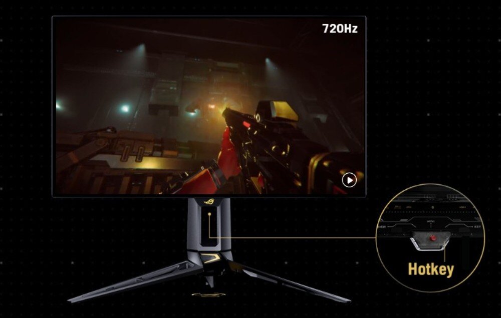 Monitor ASUS ROG Swift PG27AQWP-G Ekran wyświetlający grę ze strzelaniem z napisem '720Hz'. W prawym rogu powiększenie na dolną ramkę z oznaczonym czerwonym przyciskiem 'Hotkey'