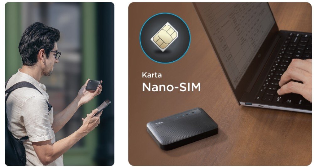 Router TCL MW63VC Mężczyzna trzymający w dłoniach router i telefon oraz router na biurku obok laptopa z grafiką karty SIM i napisem 'Karta Nano-SIM'