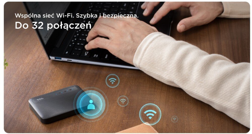 Router TCL MW63VC Dłonie piszące na laptopie obok routera z graficznymi ikonami Wi-Fi i napisem 'Wspólna sieć Wi-Fi. Szybka i bezpieczna. Do 32 połączeń'