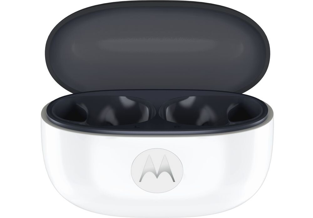 Słuchawki dokanałowe MOTOROLA Moto Buds 2 ANC aktywna redukcja szumów ANC 55 dB, słuchawki z etui ładującym na białym tle
