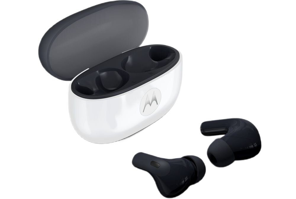 Słuchawki dokanałowe MOTOROLA Moto Buds 2 ANC sześć mikrofonów tryb przezroczystości, słuchawki z etui ładującym na białym tle