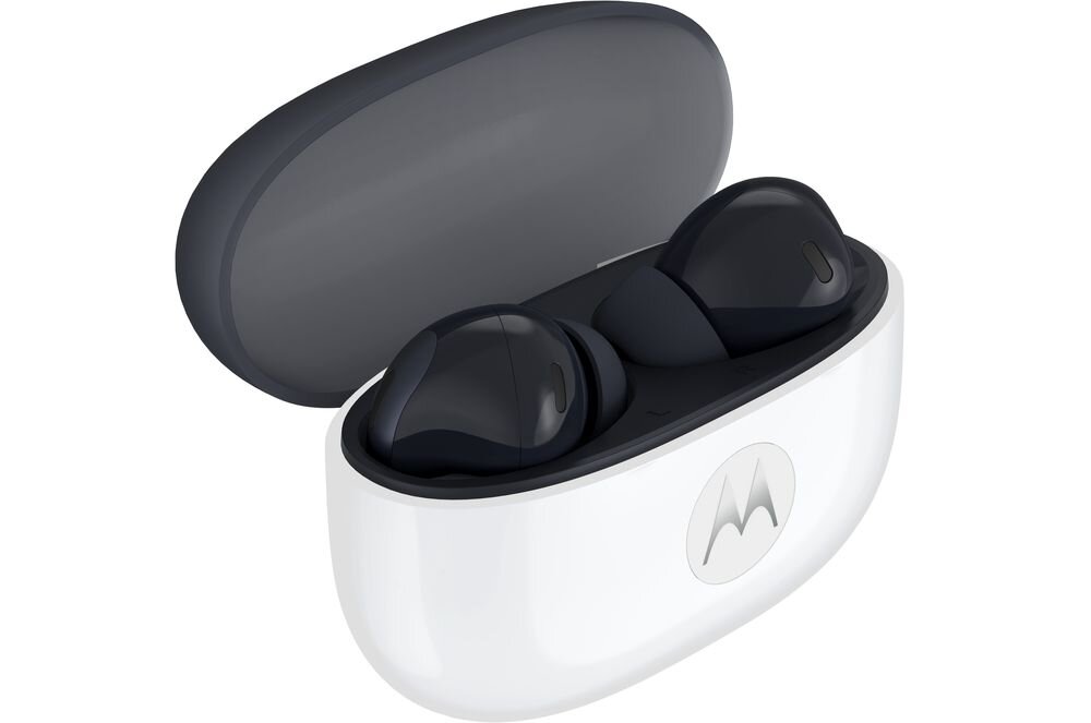 Słuchawki dokanałowe MOTOROLA Moto Buds 2 ANC etui ładujące 48 godzin pracy szybkie ładowanie, słuchawki z etui ładującym na białym tle