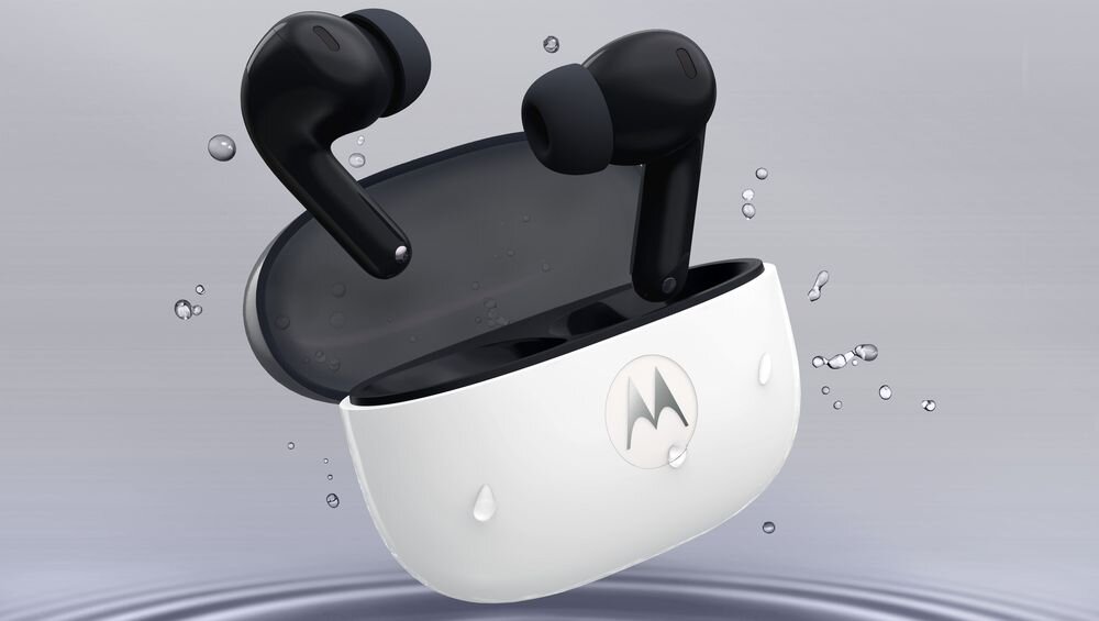 Słuchawki dokanałowe MOTOROLA Moto Buds 2 ANC IP54 etui IPX24 odporność na wodę, słuchawki z etui ładującym otoczone kroplami wody