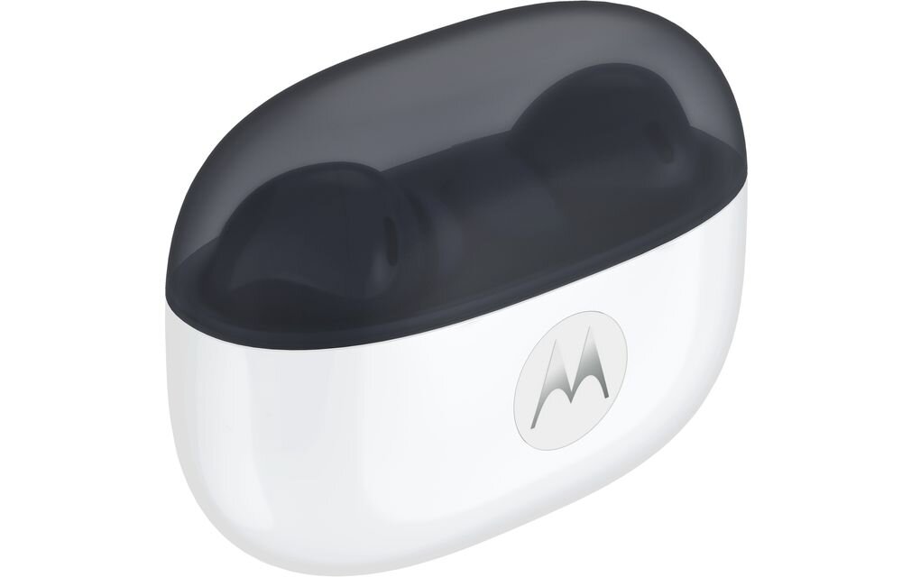 Słuchawki dokanałowe MOTOROLA Moto Buds 2 ANC ergonomiczna lekka konstrukcja PANTONE, słuchawki z etui ładującym na białym tle