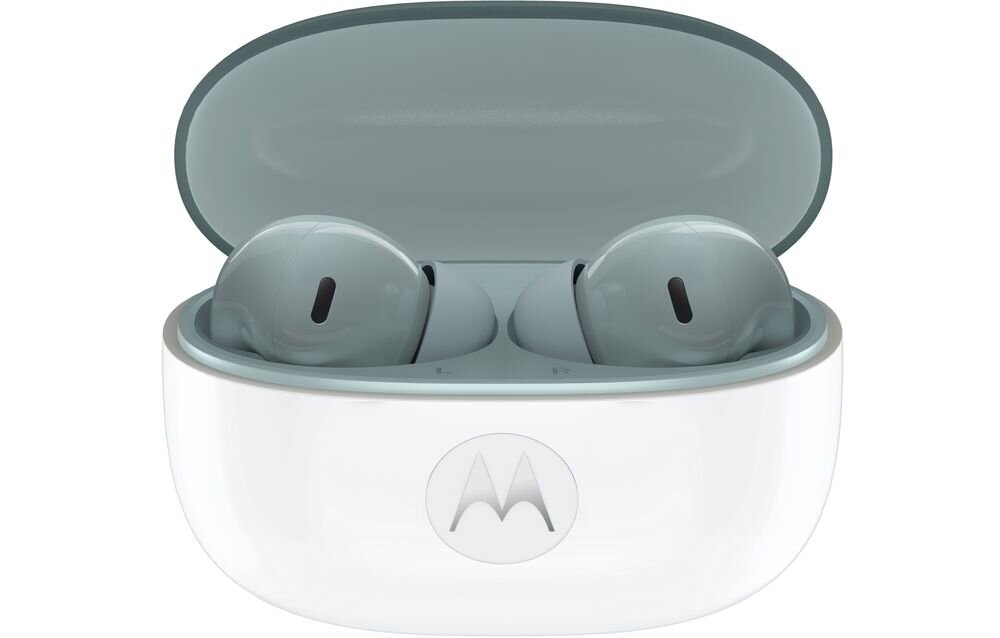 Słuchawki dokanałowe MOTOROLA Moto Buds 2 ANC aktywna redukcja szumów ANC 55 dB, słuchawki z etui ładującym na białym tle