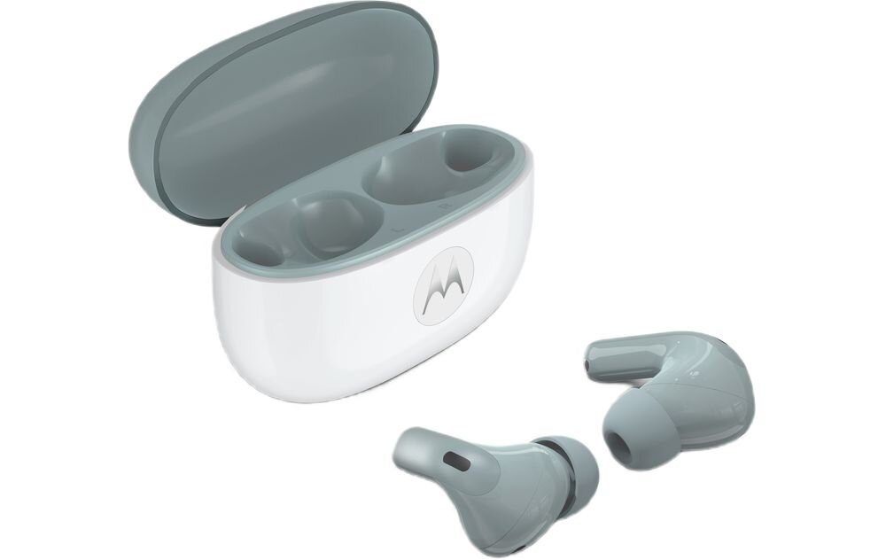 Słuchawki dokanałowe MOTOROLA Moto Buds 2 ANC sześć mikrofonów tryb przezroczystości, słuchawki z etui ładującym na białym tle