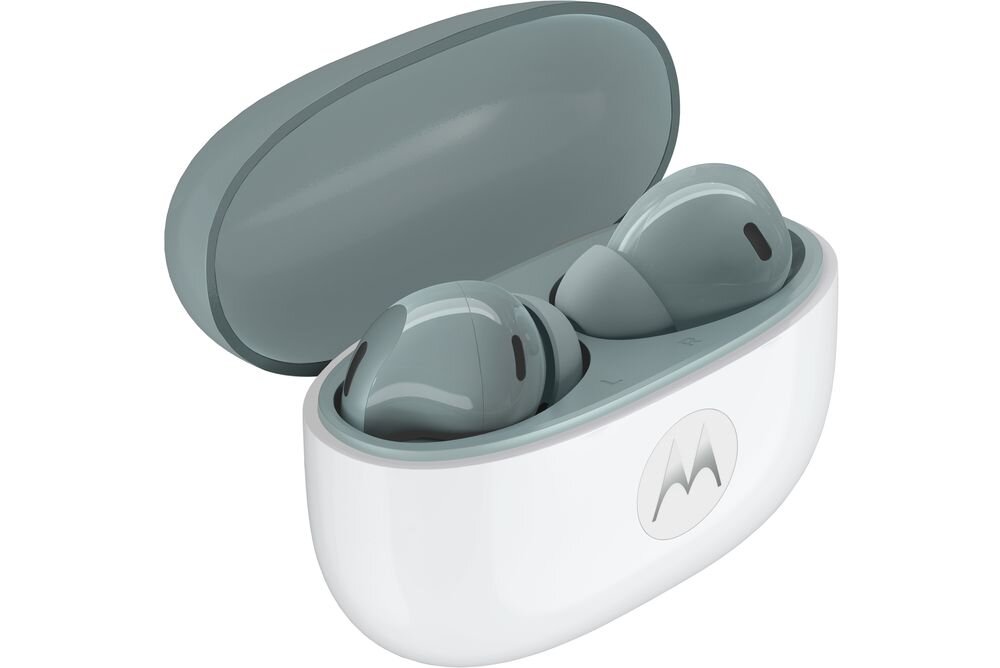 Słuchawki dokanałowe MOTOROLA Moto Buds 2 ANC etui ładujące 48 godzin pracy szybkie ładowanie, słuchawki z etui ładującym na białym tle