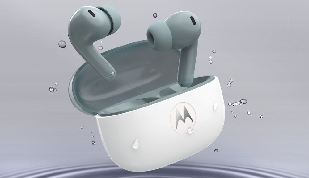 Słuchawki dokanałowe MOTOROLA Moto Buds 2 ANC IP54 etui IPX24 odporność na wodę, słuchawki z etui ładującym otoczone kroplami wody