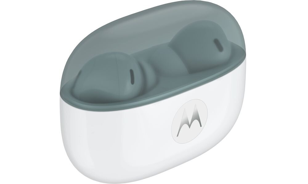 Słuchawki dokanałowe MOTOROLA Moto Buds 2 ANC ergonomiczna lekka konstrukcja PANTONE, słuchawki z etui ładującym na białym tle