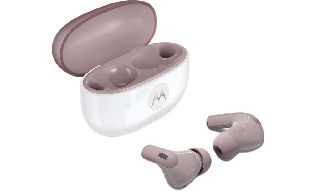 Słuchawki dokanałowe MOTOROLA Moto Buds 2 ANC sześć mikrofonów tryb przezroczystości, słuchawki z etui ładującym na białym tle