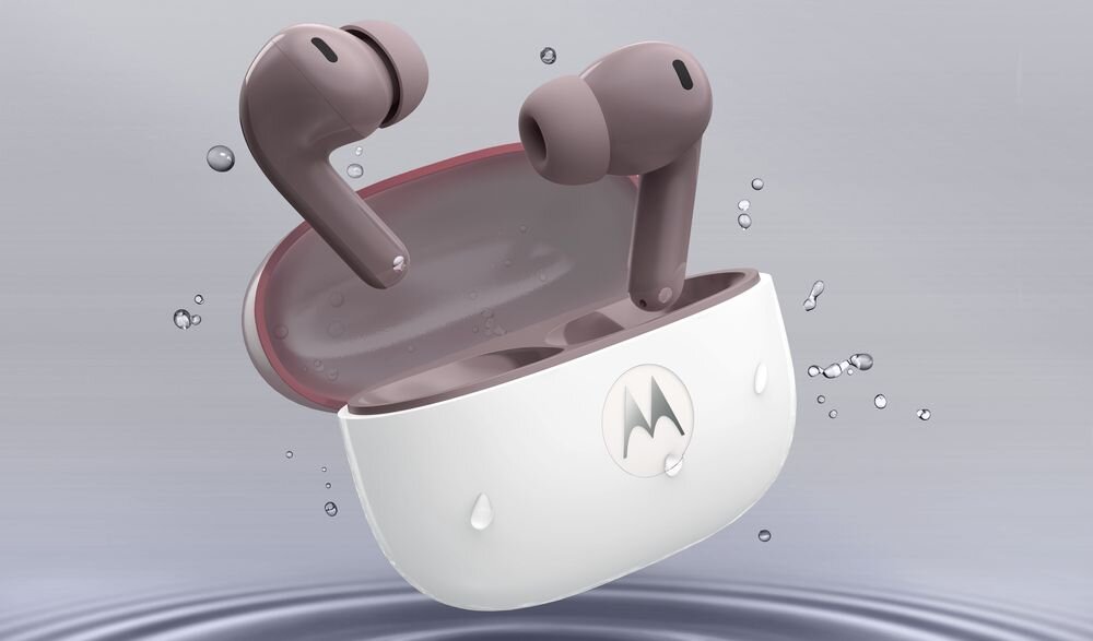 Słuchawki dokanałowe MOTOROLA Moto Buds 2 ANC IP54 etui IPX24 odporność na wodę, słuchawki z etui ładującym otoczone kroplami wody