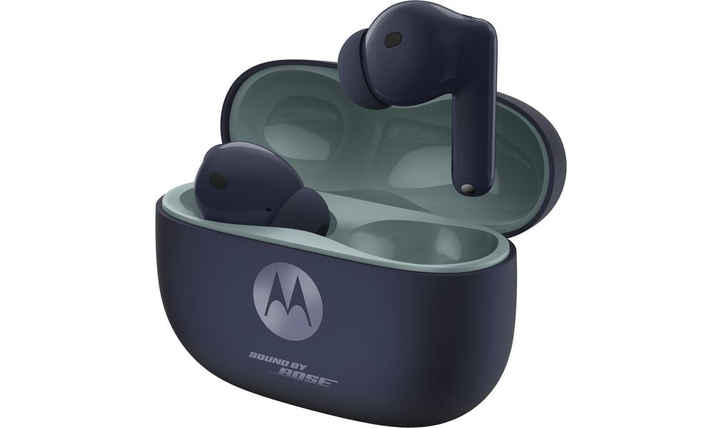 Fioletowe słuchawki dokanałowe w etui z logo Motorola i napisem \'Sound by Bose\'.