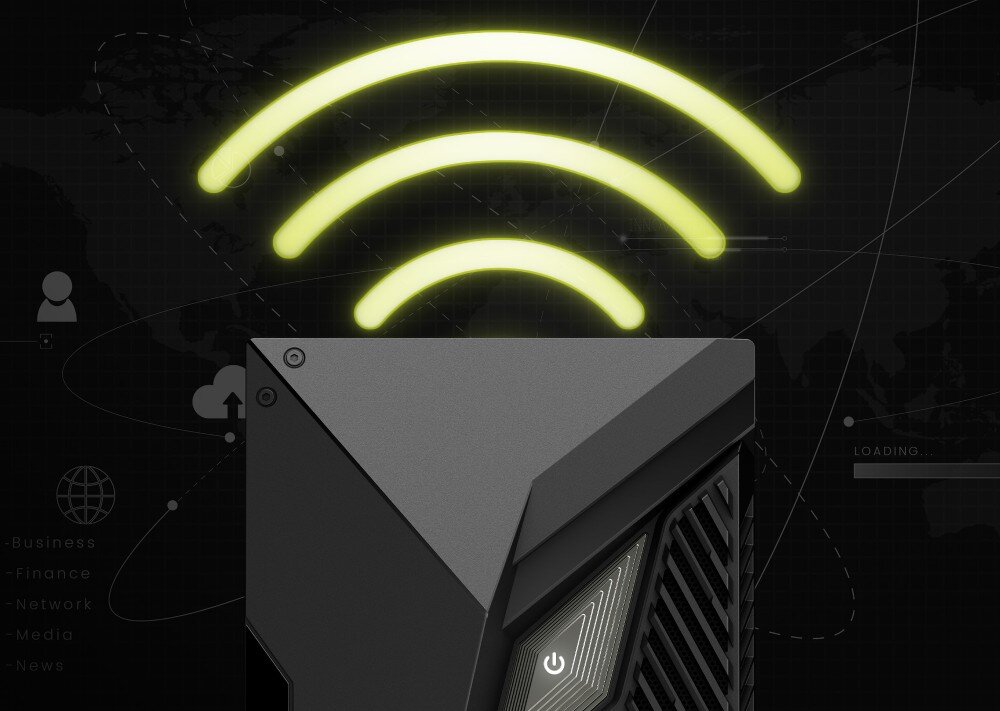 Fragment obudowy komputera z widocznym przyciskiem zasilania, nad którym unoszą się trzy żółte łuki symbolizujące sygnał Wi-Fi. W tle znajduje się ciemna mapa świata z ikonami i napisami: \'Business\', \'Finance\', \'Network\', \'Media\', \'News\'.