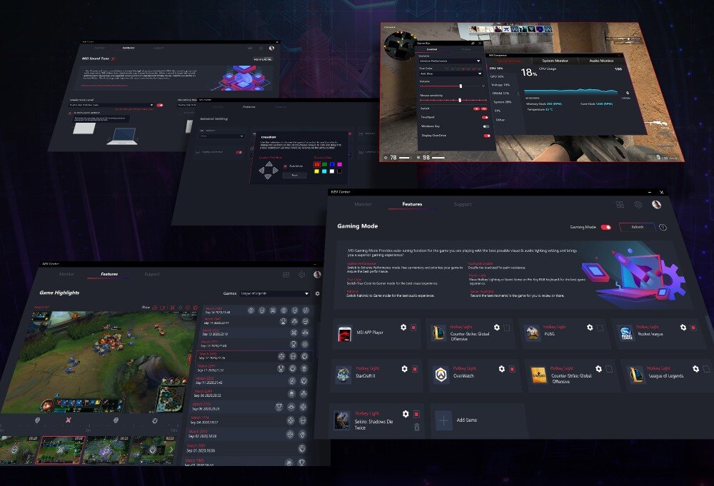 Obraz przedstawia kilka zrzutów ekranu z interfejsu oprogramowania do gier, zawierających ustawienia, tryby gry i podgląd rozgrywki. Widoczny jest tekst \'Gaming Mode\' oraz różne ikony gier i ustawień.