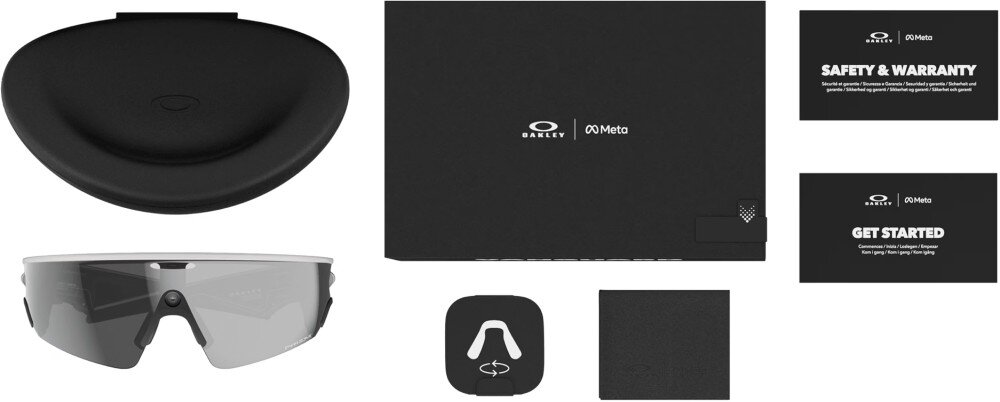 Okulary META Oakley Vanguad Zestaw produktów zawierający okulary sportowe, etui, opakowanie, ściereczkę oraz dokumentację techniczną
