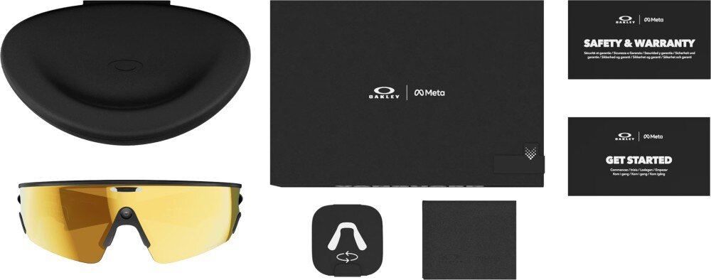Okulary META Oakley Vanguad Zestaw produktów zawierający okulary sportowe, etui, opakowanie, ściereczkę oraz dokumentację techniczną