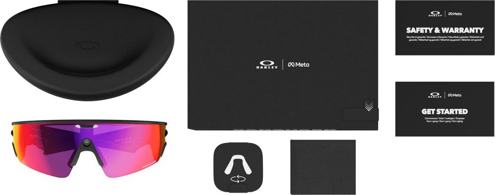 Okulary META Oakley Vanguad Zestaw produktów zawierający okulary sportowe, etui, opakowanie, ściereczkę oraz dokumentację techniczną