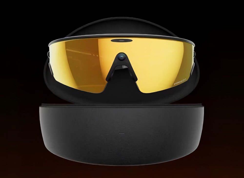 Okulary META Oakley Vanguad Okulary sportowe z dużą pojedynczą soczewką umieszczone w otwartym etui ochronnym, bateria, czas działania, ładowanie
