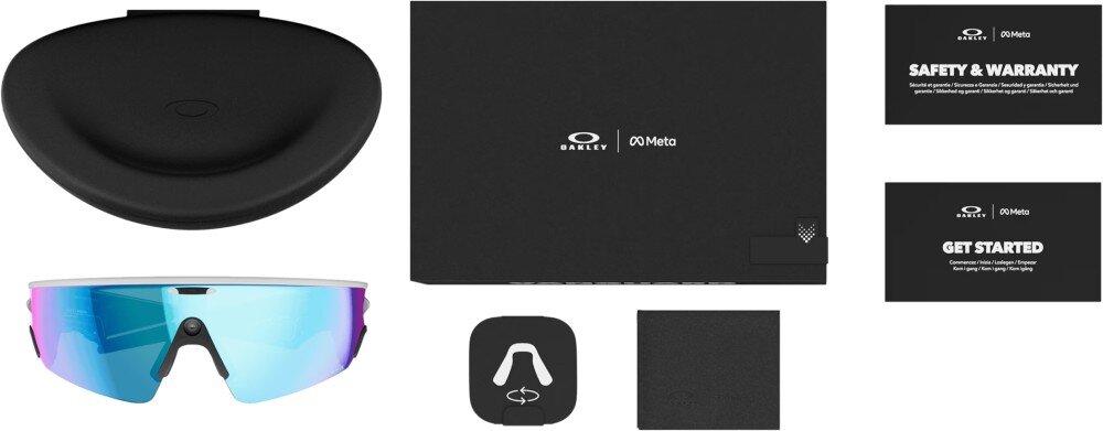 Okulary META Oakley Vanguad Zestaw produktów zawierający okulary sportowe, etui, opakowanie, ściereczkę oraz dokumentację techniczną