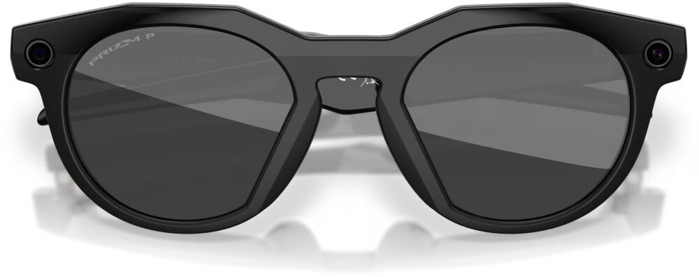 Okulary META Oakley HSTN Okulary przeciwsłoneczne z okrągłymi soczewkami, widoczne od przodu, z małymi obiektywami wbudowanymi w górne rogi oprawek, soczewki, działanie, polaryzacja
