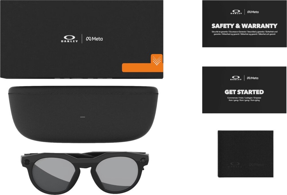 Okulary META Oakley HSTN Zestaw produktowy zawierający podłużne pudełko, etui, okulary, dwie broszury 'Safety & Warranty' i 'Get Started' oraz ściereczkę
