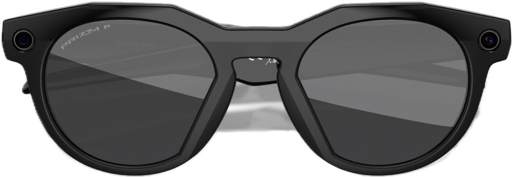 Czarne okulary przeciwsłoneczne z okrągłymi soczewkami i napisem \'PRIZM P\' na jednej z nich. Oprawki mają kanciasty kształt z małymi okrągłymi elementami na bokach.
