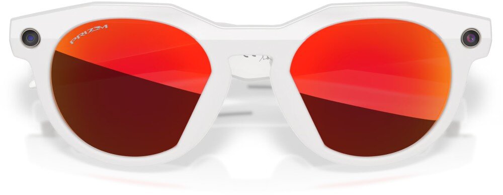 Okulary META Oakley HSTN Okulary przeciwsłoneczne z okrągłymi soczewkami, widoczne od przodu, z małymi obiektywami wbudowanymi w górne rogi oprawek, soczewki, działanie, polaryzacja