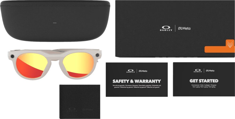 Okulary META Oakley HSTN Zestaw produktowy zawierający podłużne pudełko, etui, okulary, dwie broszury 'Safety & Warranty' i 'Get Started' oraz ściereczkę