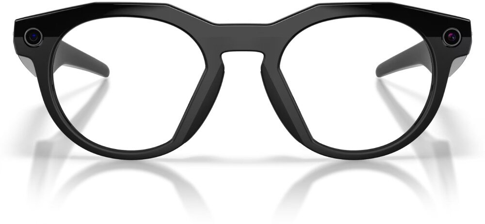 Okulary META Oakley HSTN Okulary przeciwsłoneczne z okrągłymi soczewkami, widoczne od przodu, z małymi obiektywami wbudowanymi w górne rogi oprawek, soczewki, działanie, polaryzacja