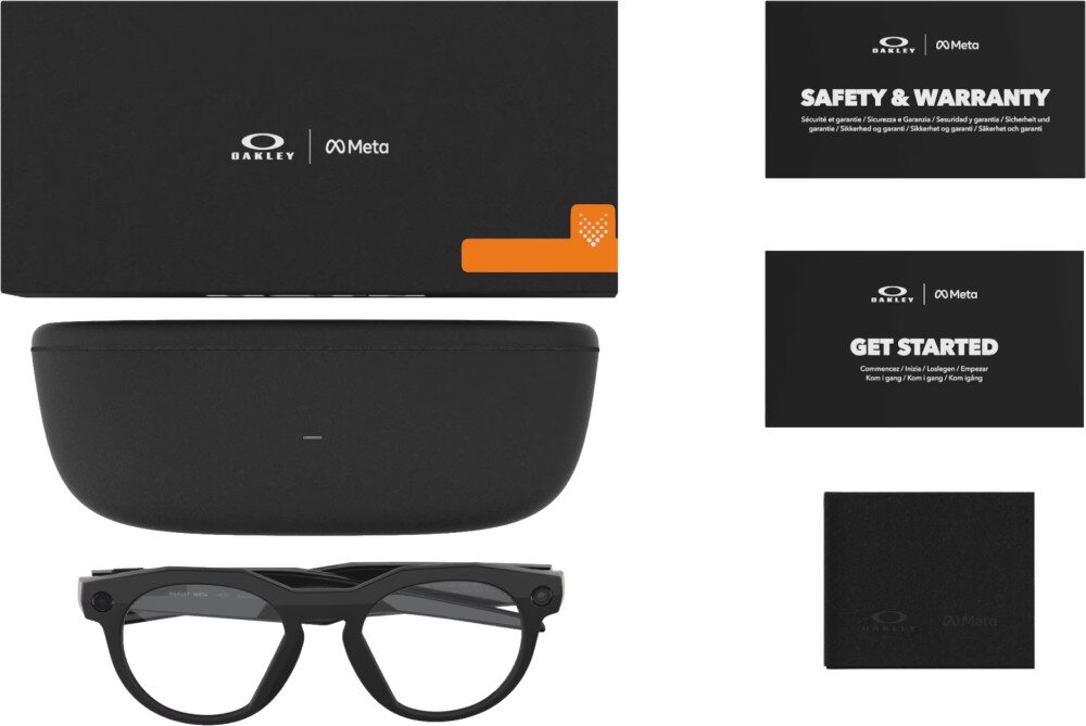 Okulary META Oakley HSTN Zestaw produktowy zawierający podłużne pudełko, etui, okulary, dwie broszury 'Safety & Warranty' i 'Get Started' oraz ściereczkę