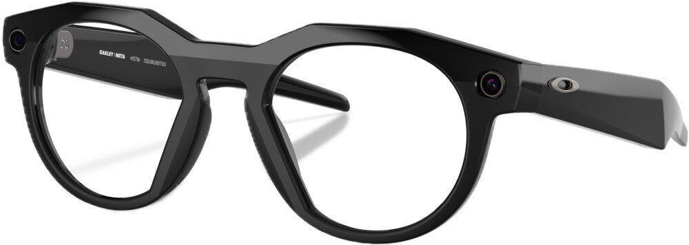 Czarne okulary z okrągłymi soczewkami i grubymi oprawkami, posiadające małe kamery wbudowane w zauszniki. Na wewnętrznej stronie zausznika widoczny jest napis: \'Oakley HSTN\'.