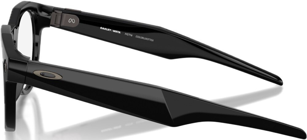 Czarne okulary z widocznym logo w kształcie elipsy na zauszniku. Na wewnętrznej stronie zausznika znajduje się napis: \'OAKLEY META HSTN\'.