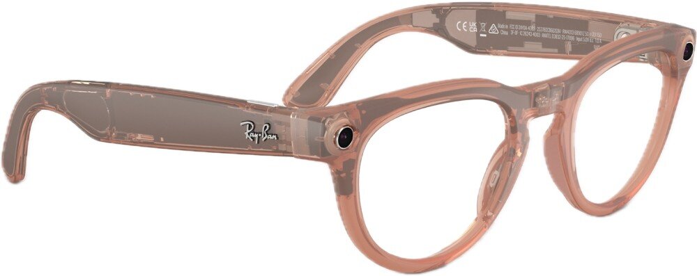Okulary META Ray-Ban Headliner Gen 2 Okulary z przezroczystymi oprawkami i bezbarwnymi szkłami ujęte pod kątem, z widocznym obiektywem w rogu frontu oraz logo na zauszniku, opis