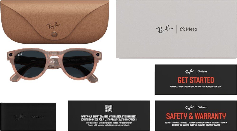 Okulary META Ray-Ban Headliner Gen 2 Zestaw zawierający okulary przeciwsłoneczne, zamknięte etui, jasne pudełko oraz czarne książeczki informacyjne