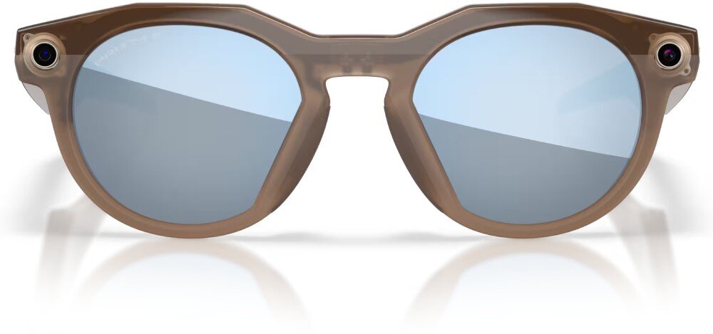 Okulary META Oakley HSTN Okulary przeciwsłoneczne z okrągłymi soczewkami, widoczne od przodu, z małymi obiektywami wbudowanymi w górne rogi oprawek, soczewki, działanie, polaryzacja