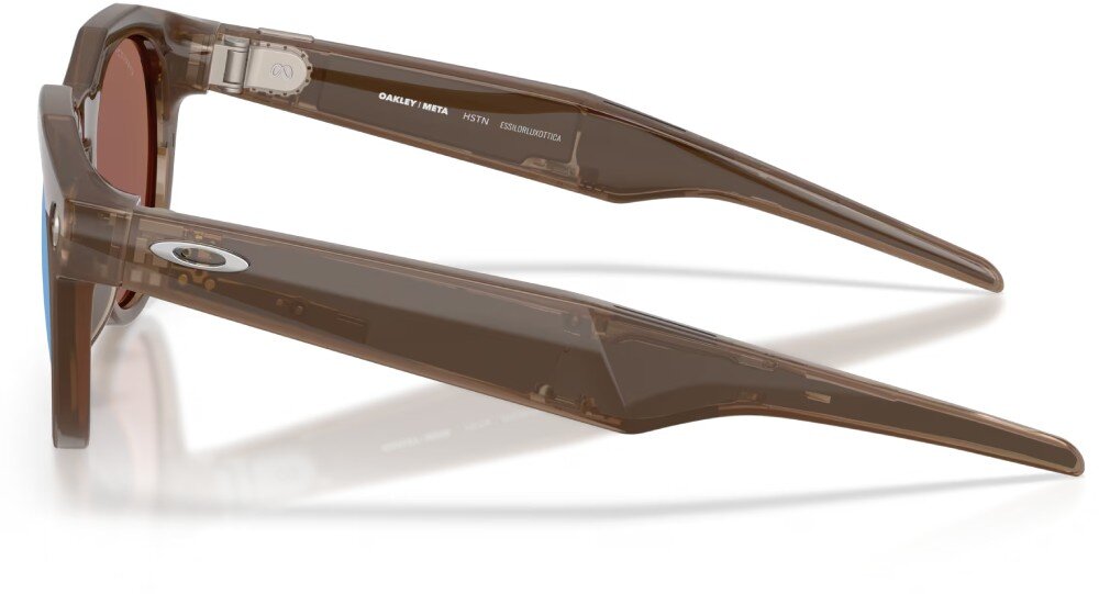 Okulary META Oakley HSTN Okulary przeciwsłoneczne ukazane pod kątem od dołu, prezentujące wewnętrzną stronę zauszników i konstrukcję oprawek, wykonanie, wymiary