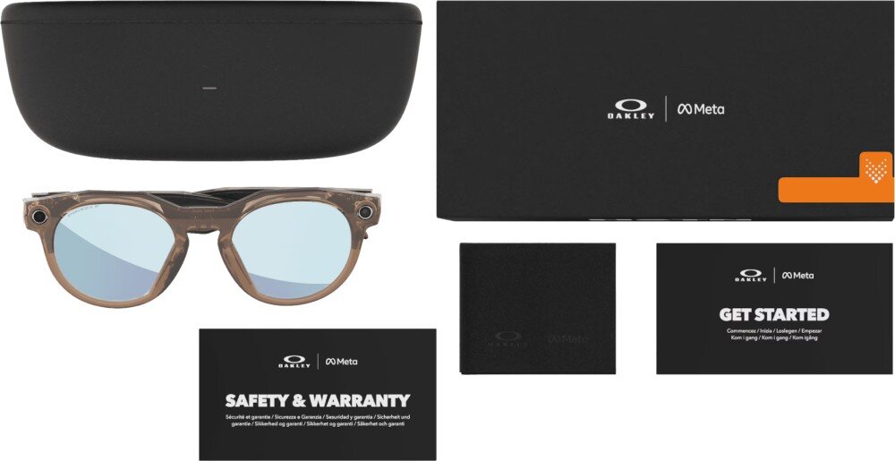 Okulary META Oakley HSTN Zestaw produktowy zawierający podłużne pudełko, etui, okulary, dwie broszury 'Safety & Warranty' i 'Get Started' oraz ściereczkę