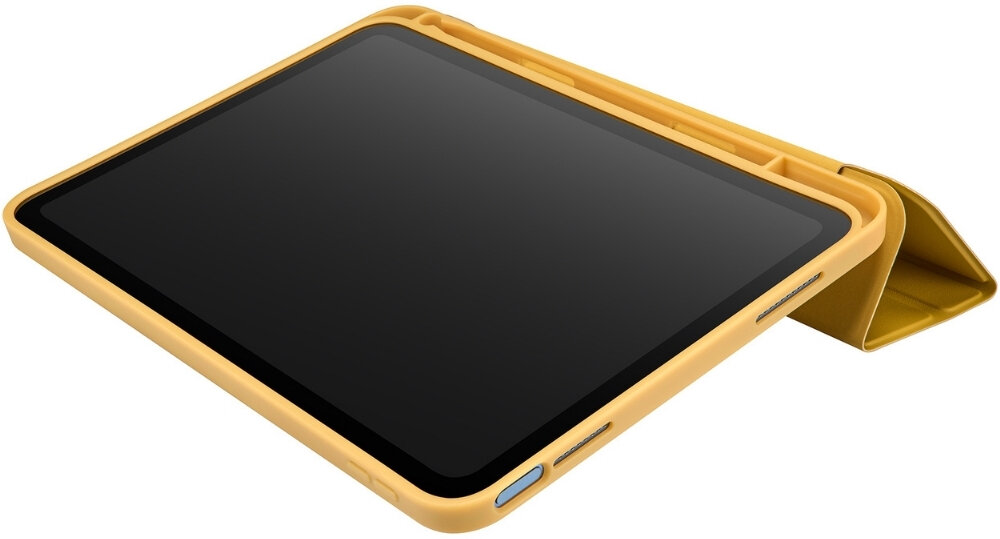 Żółte etui na tablet z funkcją stojaka, wykonane z materiału przypominającego bambus. Etui jest otwarte, ukazując miejsce na tablet.
