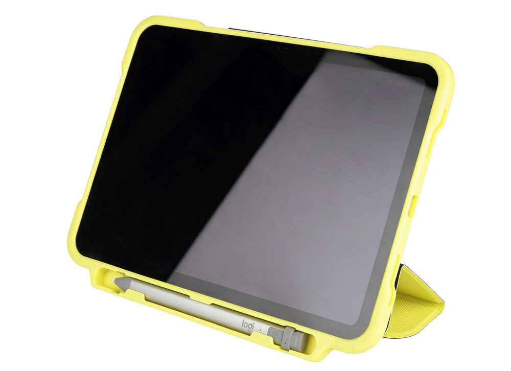 Żółte etui na tablet z miejscem na rysik, który ma napis \'logi\'.