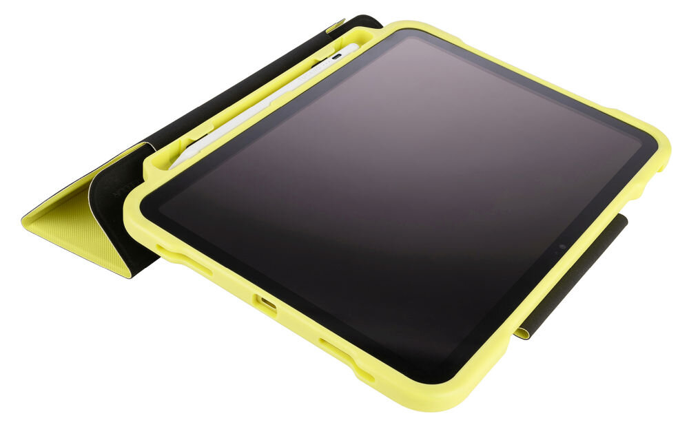 Żółte etui na tablet z funkcją stojaka, widoczne z przodu i z boku. Etui ma wycięcia na przyciski i porty urządzenia.