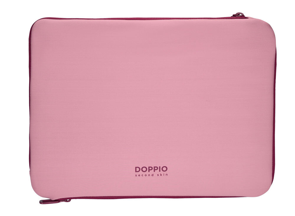 Różowe etui na laptopa z zamkiem błyskawicznym, na którym widnieje napis \'DOPPIO second skin\'.