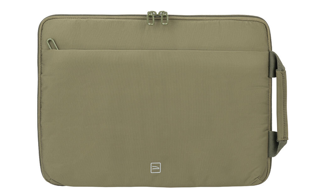 Oliwkowa torba na laptopa z zamkiem błyskawicznym i uchwytem po boku. Na przodzie widoczne jest małe logo producenta.