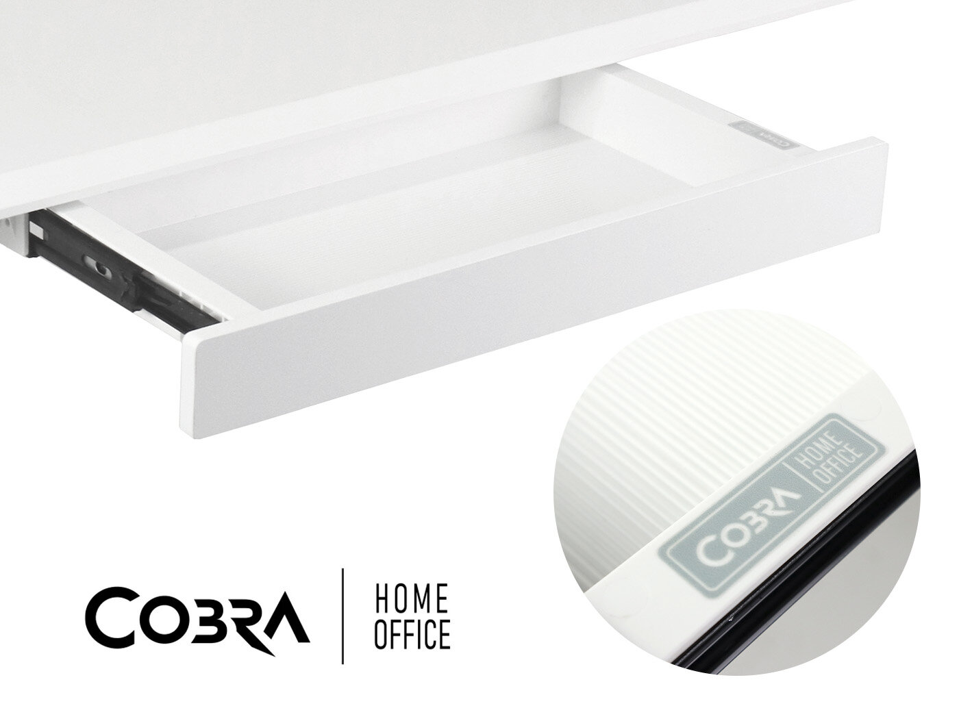 Przybliżenie na szufladę białego biurka oraz na logo 'Cobra HOME OFFICE'